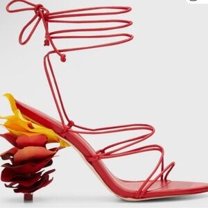 Effie Petal Sandal - Red Strappy Women's Heels with Floral Accent
